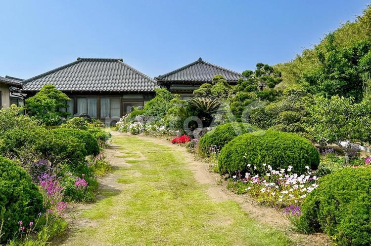 長いアプローチの広い庭の先の和風の民家 日本家屋,民家,和風建築の写真素材