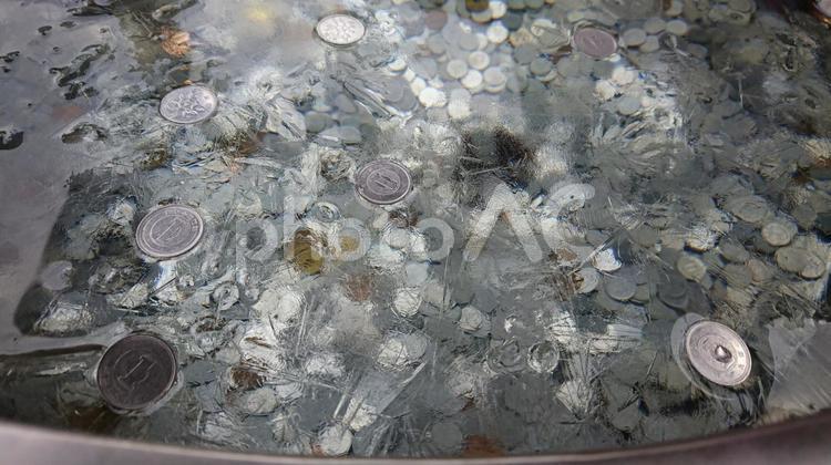 氷に一円玉を浮かべる？ ごみ,オーナメント（アート）,デザイン（装飾）の写真素材