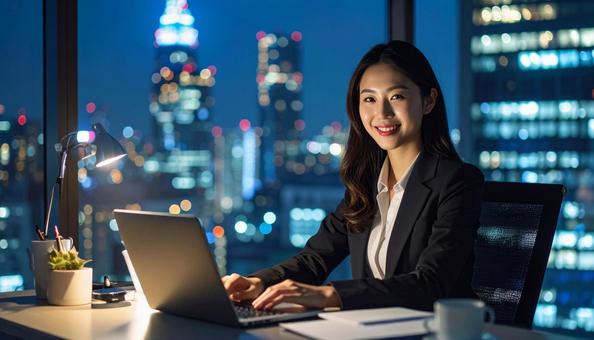 パソコンで仕事する女性会社員　スーツの写真