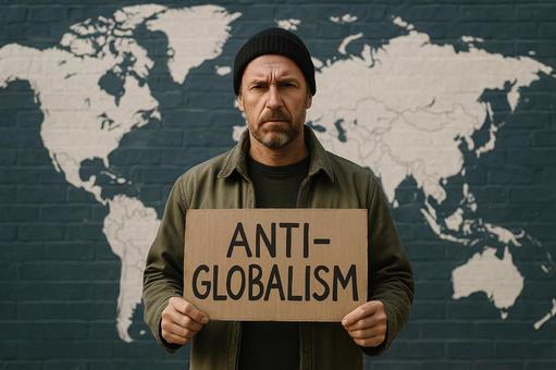 反グローバリズムを主張する男性活動家の写真