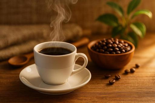 美味しそうなホットコーヒーとコーヒー豆 美味しそうなホットコーヒーとコーヒー豆の写真