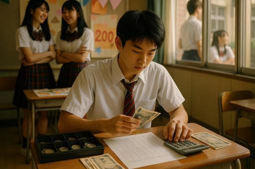 売上計算をする男子高校生 売上計算をする男子高校生の写真