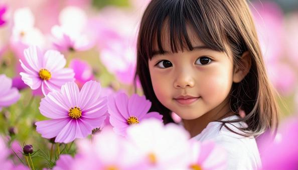 かわいい少女のポートレート コスモスの花 かわいい少女のポートレート コスモスの花の写真