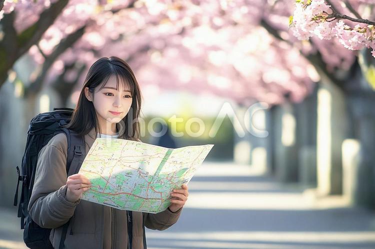 桜の下、地図を見て歩く大学生女性 女性,桜,大学生の写真素材