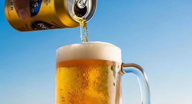 The moment when a can of beer is poured into a mug under the summer sky, summer sky, summer, blue sky, JPG