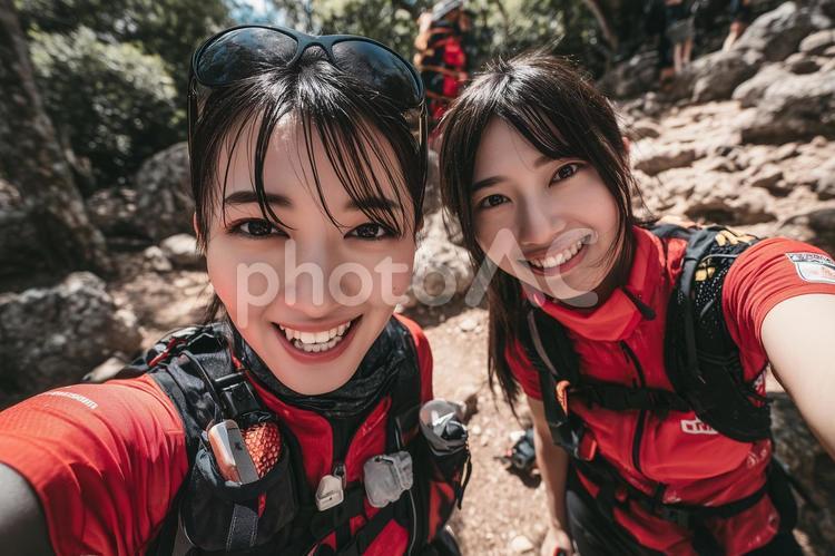 ハイキングを楽しむ2人の女性 ハイキング,山,青空の写真素材