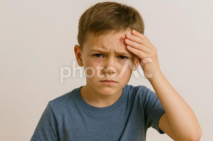 膝を擦りむいて痛がる男の子 けが,男の子,痛みの写真素材