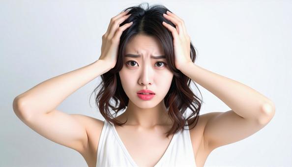 頭を抱えて困惑する若い女性の表情 頭を抱えて困惑する若い女性の表情の写真