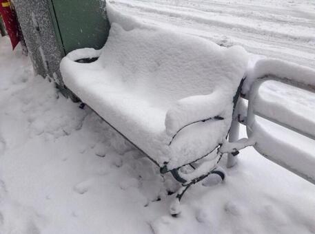 Snow piled bench, winter, snow, bench, JPG