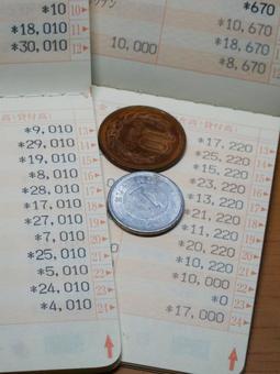 通帳に置かれた小銭 通帳,口座,残高の写真素材