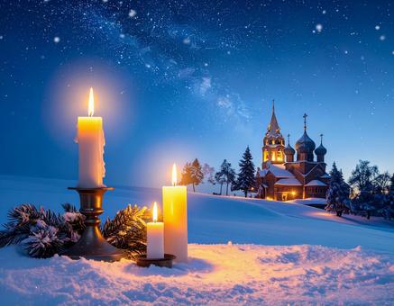 キャンドルと聖夜の教会を描いたクリスマス キャンドルと聖夜の教会を描いたクリスマスの写真
