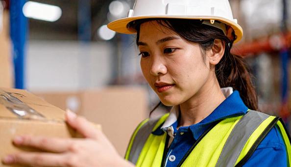 倉庫で働く作業服の20代の日本人女性 倉庫で働く作業服の20代の日本人女性の写真