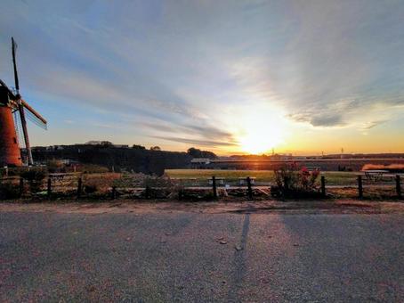 Photo, sunset, evening landscape, windmill, 