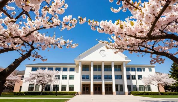 桜と青空と小学校の白い校舎 桜と青空と小学校の白い校舎の写真