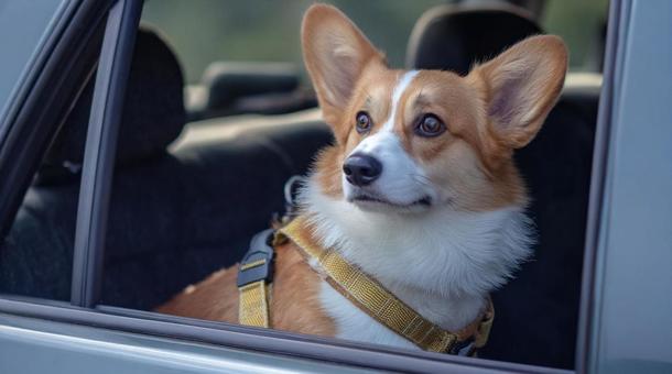 車の窓から外を見る犬・コーギー・ドライブ 車の窓から外を見る犬・コーギー・ドライブの写真