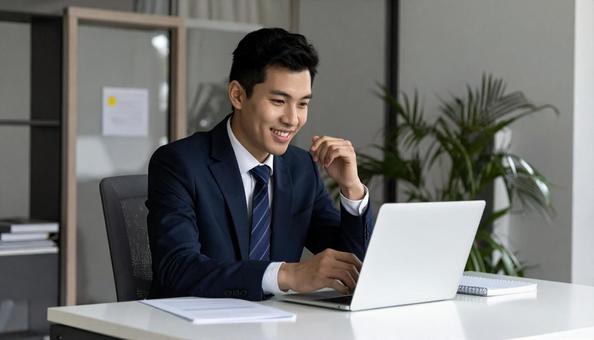 ネットでインタビューする男性 ネットでインタビューする男性の写真