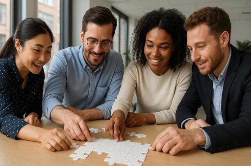 チーム協力のパズル作業の写真