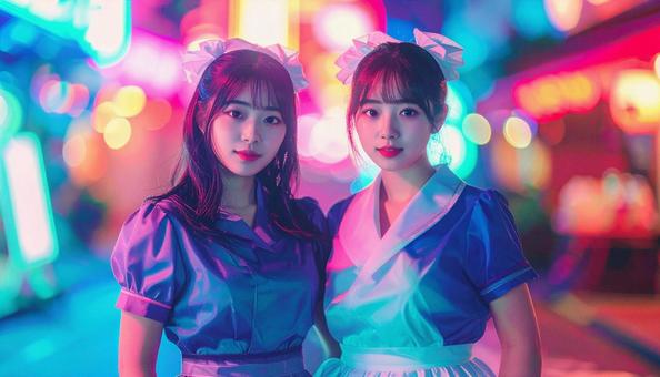 ネオン街のメイドガール2人 ネオン街のメイドガール2人の写真
