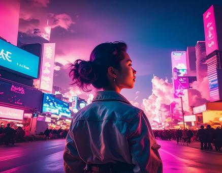 サイバーパンクな都市に佇む女性 サイバーパンクな都市に佇む女性の写真