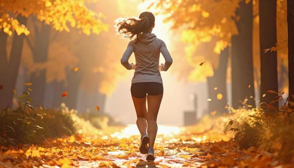 スポーツの秋 紅葉の中を走る女性 後ろ姿 スポーツの秋 紅葉の中を走る女性 後ろ姿の写真