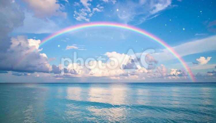 虹と星が輝く幻想的な海 虹,海,空の写真素材