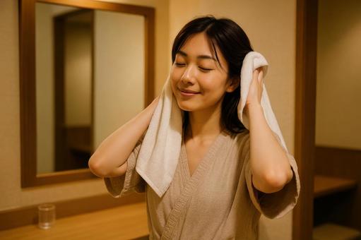 サウナ後に髪を拭くシーンの写真