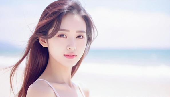 風に髪がなびくビーチの女性ポートレート 風に髪がなびくビーチの女性ポートレートの写真