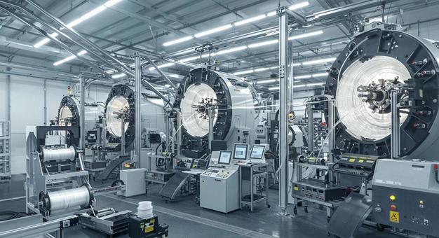 最新の光ファイバーケーブル製造設備の写真