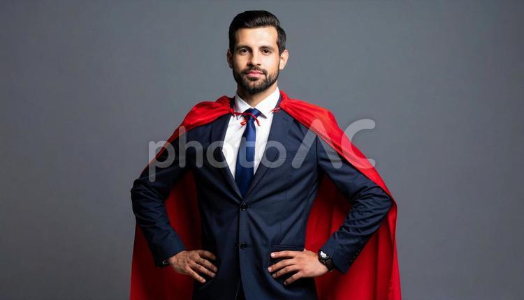 ヒーローマントをつけたビジネスマン スーパーヒーロー,コスプレ,男性の写真素材