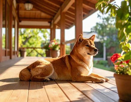 縁側で日向ぼっこ、のんびり過ごす柴犬 縁側で日向ぼっこ、のんびり過ごす柴犬の写真