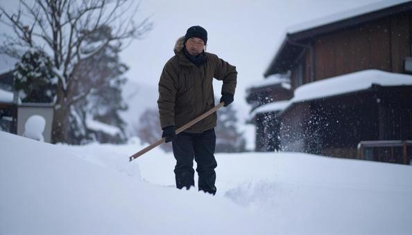 大雪が降った日の翌日の朝に雪かきする男性 大雪が降った日の翌日の朝に雪かきする男性の写真