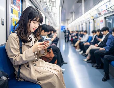 朝ラッシュの通勤電車、スマホを見る人たちの写真