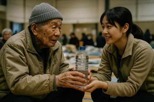 避難所で水を受け取る高齢者 避難所で水を受け取る高齢者の写真