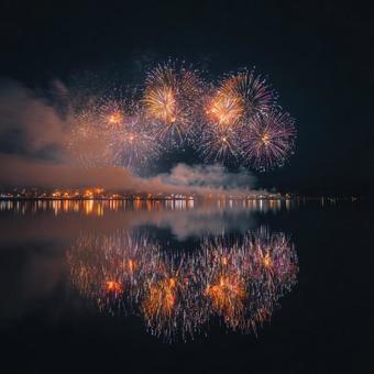 湖に映る夜空の色鮮やかな打ち上げ花火 湖に映る夜空の色鮮やかな打ち上げ花火の写真