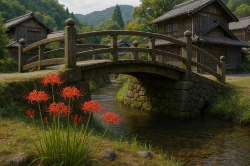 橋のたもとに咲く赤い彼岸花 橋のたもとに咲く赤い彼岸花の写真