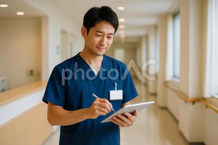 医療現場で記録を取る男性看護師 男性,看護師,病院の写真素材