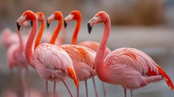 ピンクの羽毛が美しい、フラミンゴの群れ ピンクの羽毛が美しい、フラミンゴの群れの写真