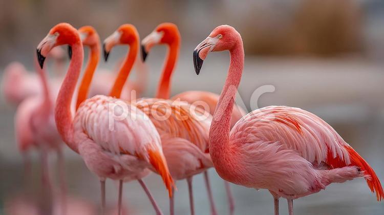ピンクの羽毛が美しい、フラミンゴの群れ フラミンゴ,鳥,動物の写真素材