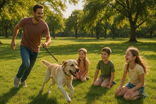 公園で遊ぶ犬と子供たち 公園で遊ぶ犬と子供たちの写真