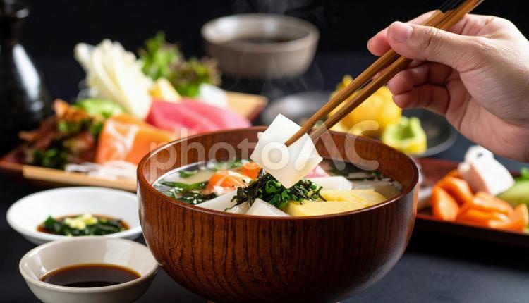 豚汁の具を箸で掬う 豚汁,定食,箸の写真素材