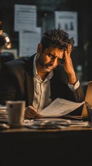 夜のオフィスで仕事に悩む男性 夜のオフィスで仕事に悩む男性の写真