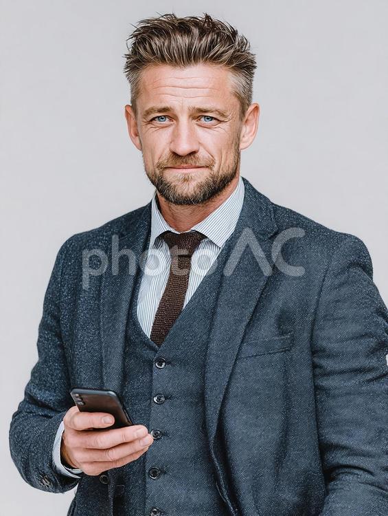 真剣な表情でスマートフォンを見る男性 男性,ビジネスマン,スーツの写真素材