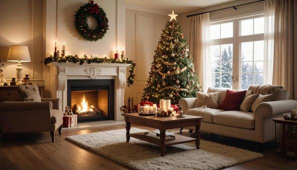 クリスマスツリーと暖炉のある部屋 クリスマスツリーと暖炉のある部屋の写真