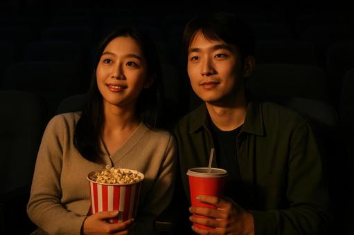 映画館で深夜上映を観るカップル 映画館で深夜上映を観るカップルの写真