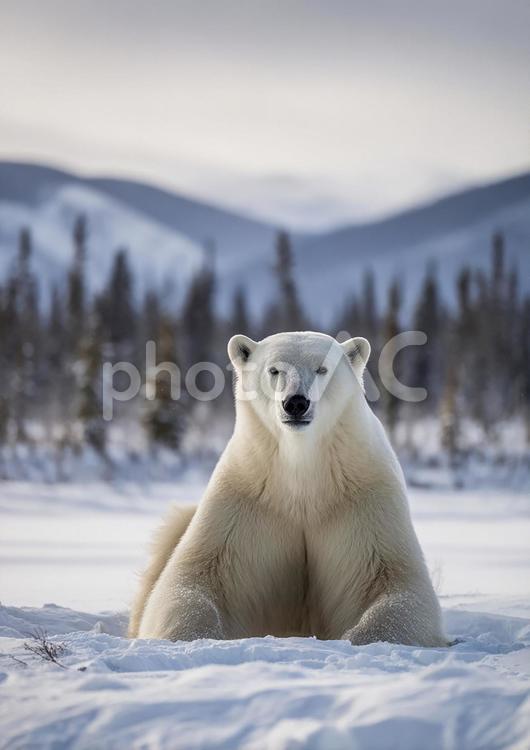 こちらを見つめるシロクマのポートレート ホッキョクグマ,シロクマ,雪の写真素材