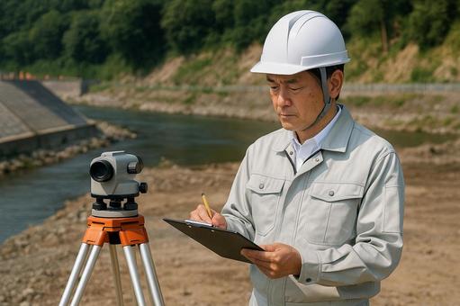 川沿いの護岸工事現場で測量する中年男性 川沿いの護岸工事現場で測量する中年男性の写真