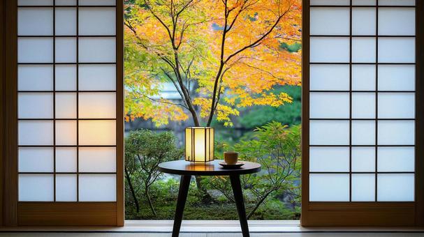 和室と縁側から見える紅葉の日本庭園 和室と縁側から見える紅葉の日本庭園の写真