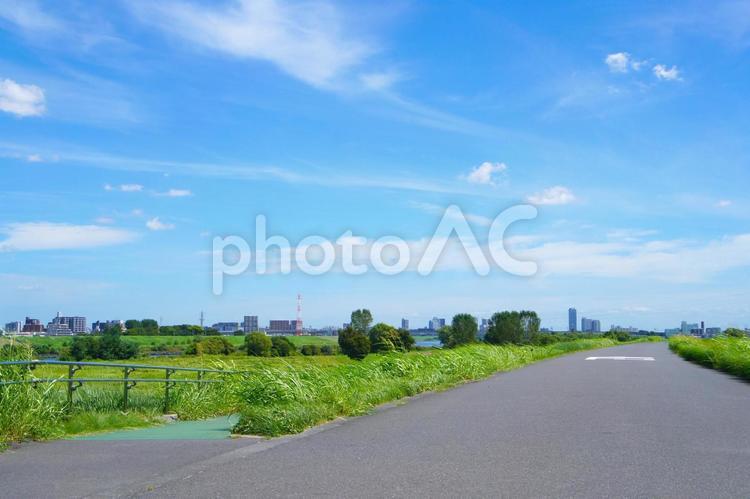 広い川の堤防の道路と遠景の街並 堤防,広い川,一級河川の写真素材