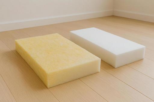断熱材のサンプル(グラスウールと発泡材) 断熱材のサンプル(グラスウールと発泡材)の写真