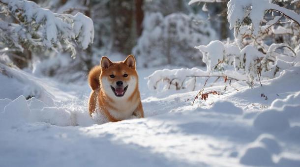 雪の中を元気に走る赤柴犬・冬の元気な犬 雪の中を元気に走る赤柴犬・冬の元気な犬の写真